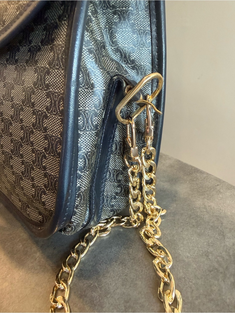 Celine Navy Blue Monogram leather and PVC Bag with Gold Chain - Picture 6 of 13